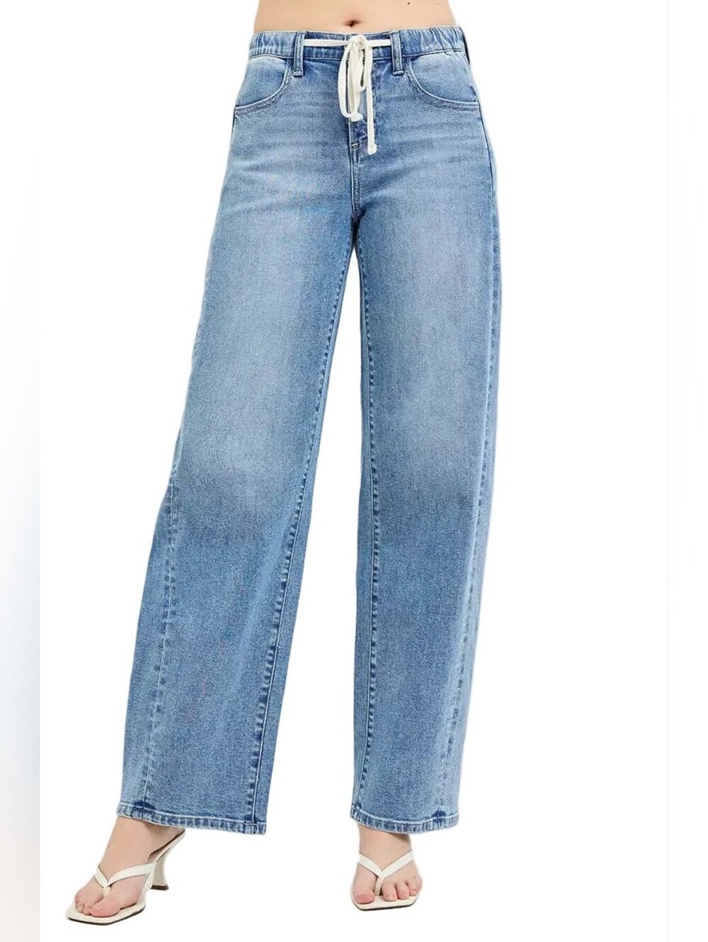 Risen High-Waist Drawstring Elastic Waist Relaxed Fit Panel Wide-Leg Denim Jeans - Picture 15 of 15